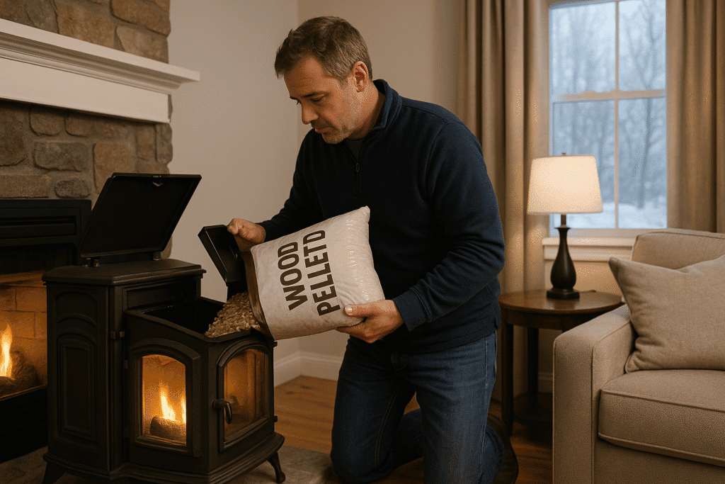 Homeowner adding wood pellets to a pellet stove in Hampton NH