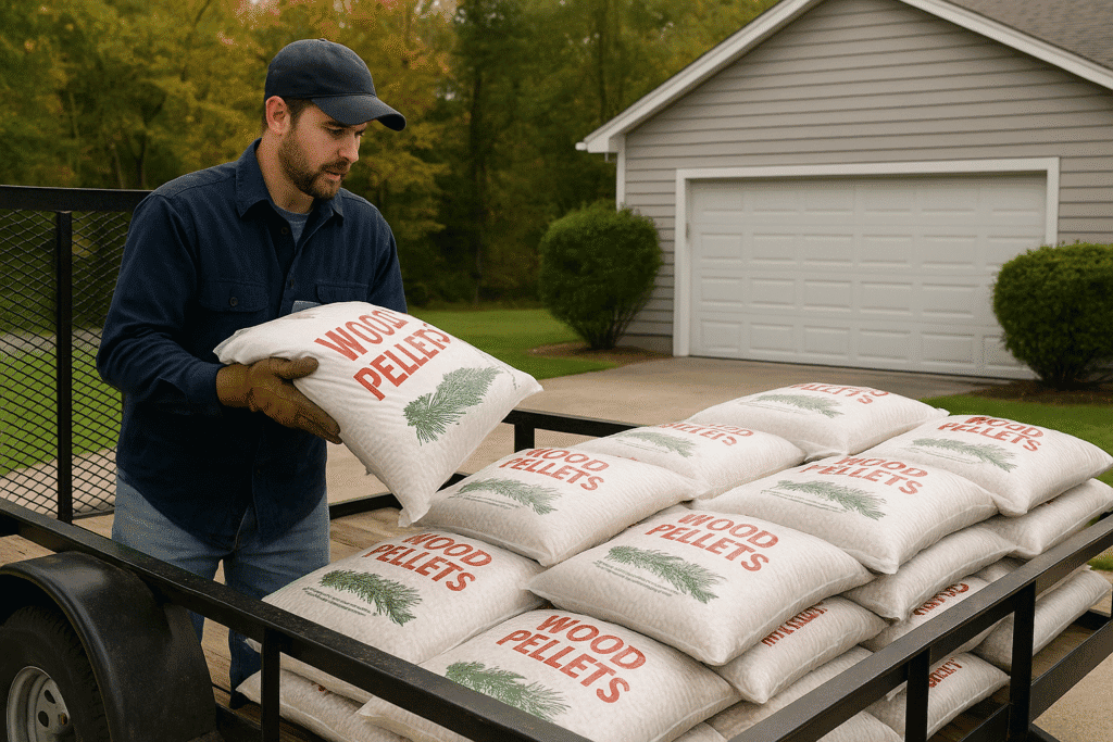 Man loading wood pellets in Milford NH onto a trailer