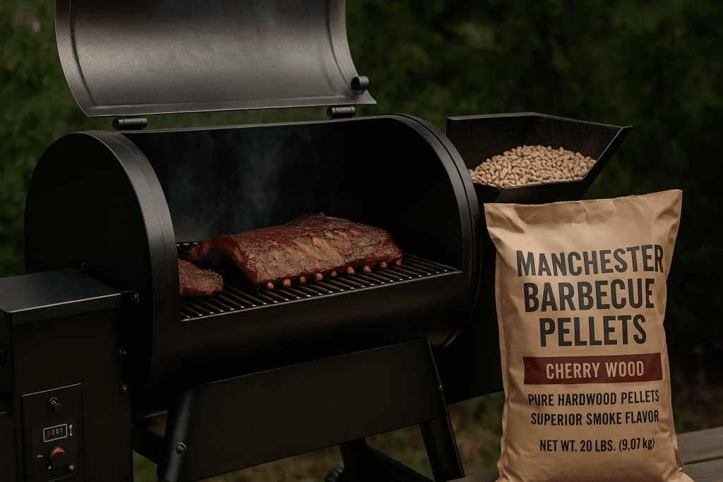 Manchester wood pellets and cherry hardwood ribs on a barbecue grill