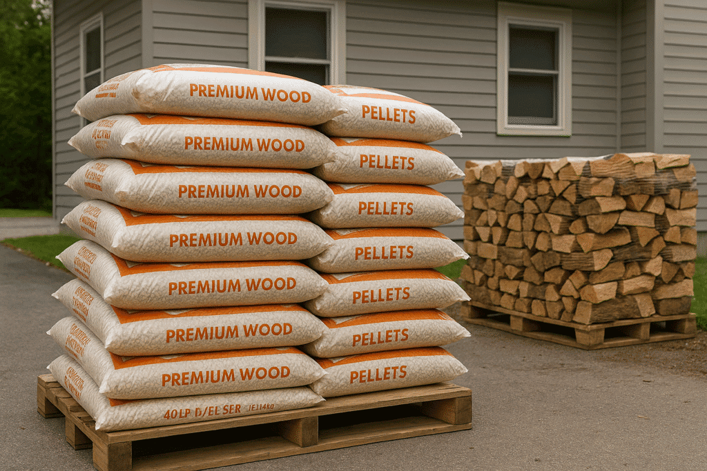 Portsmouth NH wood pellets stacked beside premium firewood