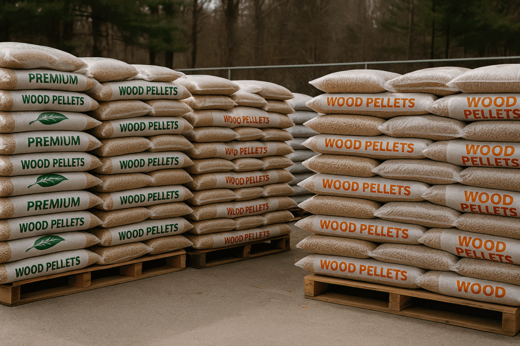 Stacked bags of wood pellets in Derry NH on shipping pallets