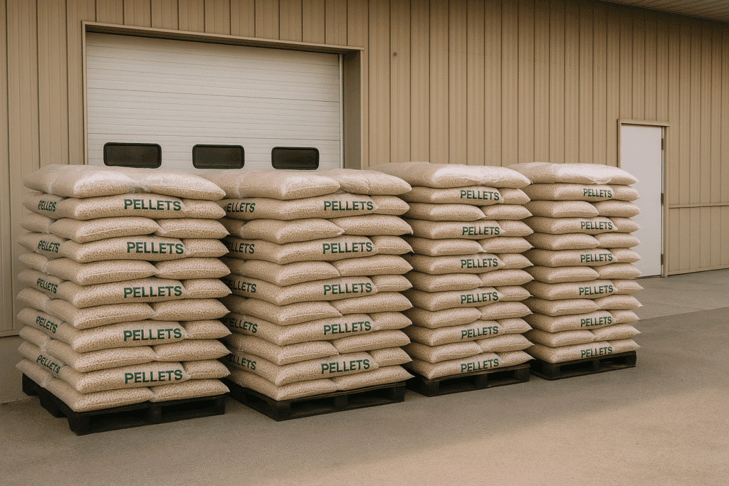 Nashua NH wood pellets in bags stacked on pallets