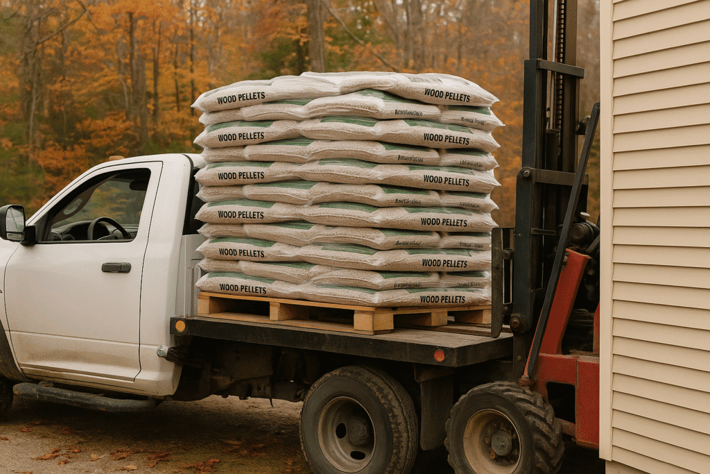 Jaffrey NH wood pellets on a delivery truck with a forklift