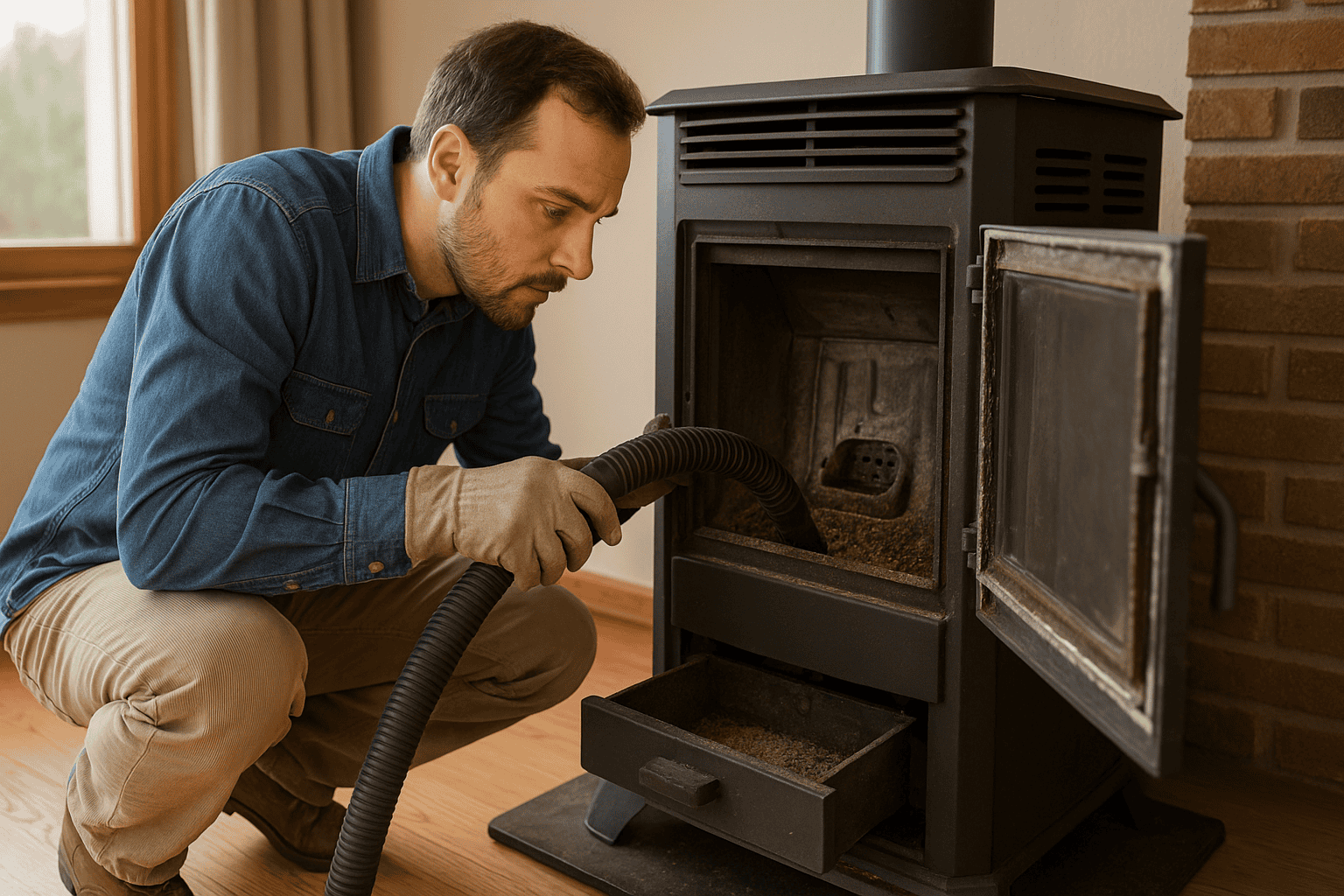 pellet stove maintenance cleaning with vacuum