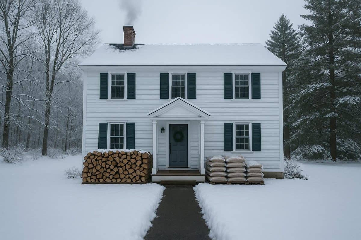 Classic New Hampshire colonial home in winter with wood pellets and firewood on the porch