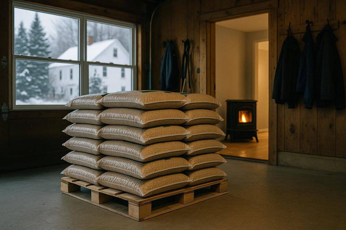 Pallet of wood pellets delivered to a New Hampshire garage with a pellet stove glowing in the background